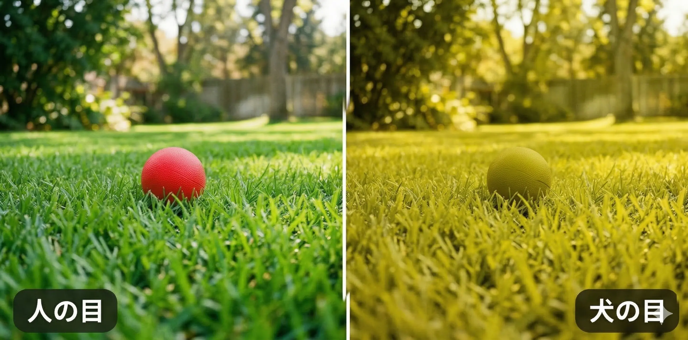 人の目と犬の目の見え方の違い。左：鮮やかな緑の芝生に赤いボール。右：黄緑色の芝生に溶け込む黄緑色のボール。
